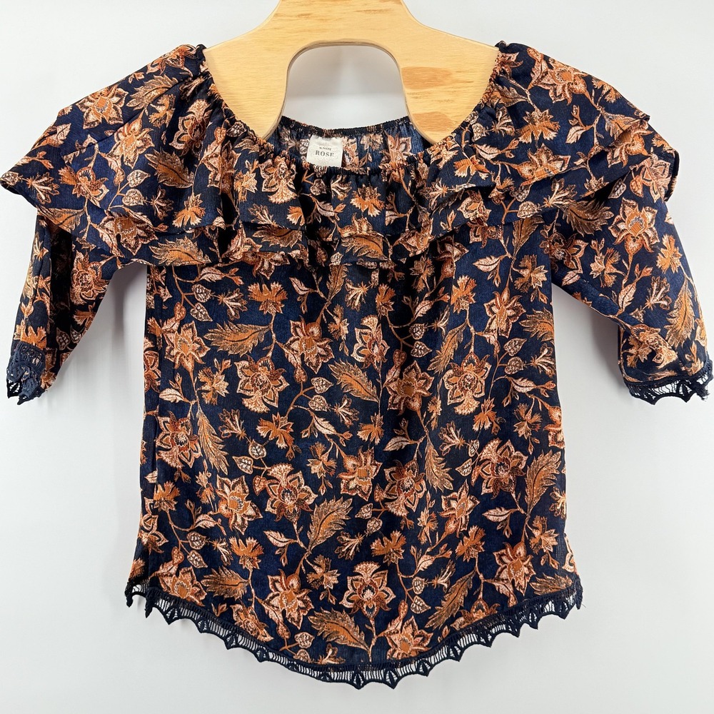 Knox Rose Womens Top Small Navy Blue Floral‎ Boho Ruffle Trim Lace Autumn Fall